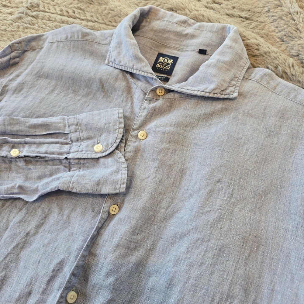 Boggi Milano Mens Light Blue 100% French Linen Regular Fit Button Down Shirt L